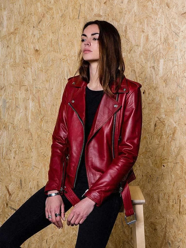 Women’s Dark Red Leather Biker Jacket