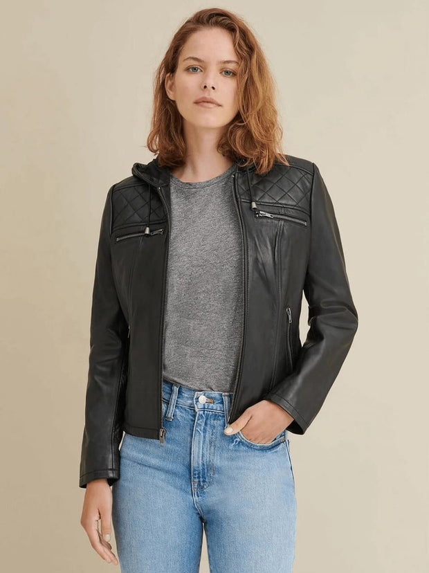 Women’s Black Leather Hooded Biker Jacket
