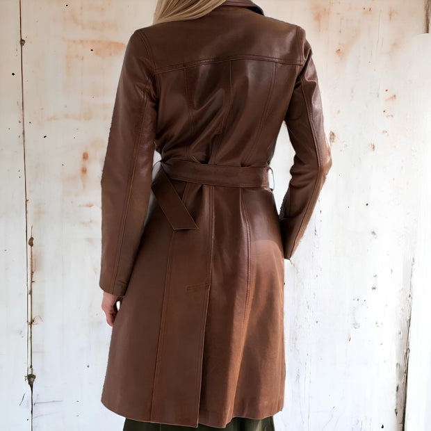 Women Brown Leather Trench Coat, Ladies Vintage Long Leather Coat, Biker Women's Overcoat