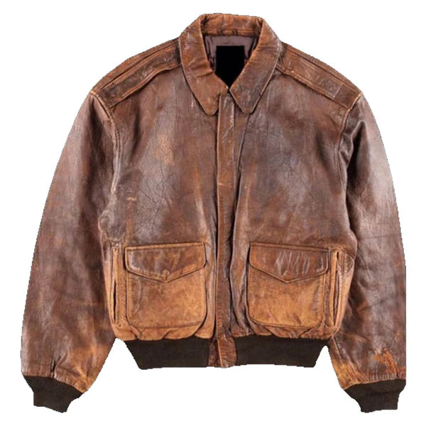 Vintage Style 80s A2 Flight Military Real Leather Jacket Distressed Bomber Coat