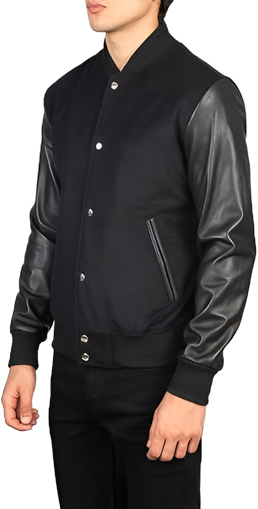 Black Wool Body Black Leather Sleeves Varsity Letterman Jacket
