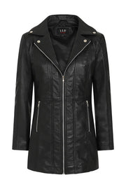Women's Black Long Leather Biker Jacket By 3A