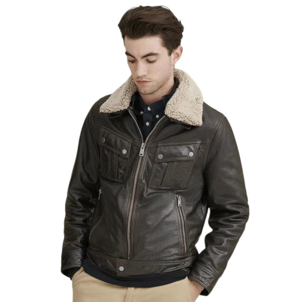 Men's Black Leather Shearling Collar Jacket, gift for him