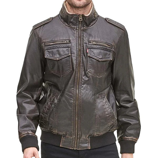 Men's Dark Brown Faux Leather Sherpa Aviator Bomber Jacket, gift for boyfriend