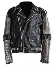 Stylish Black Punk Studded Biker Leather Jacket for Men