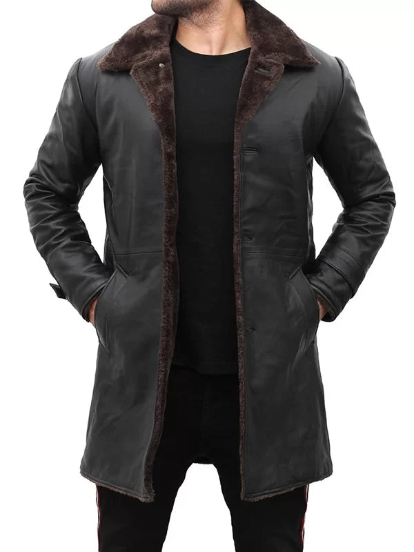 Mens Sherpa Black Trench Leather Coat
