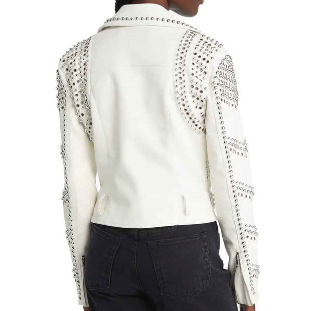 Women White Leather Studded Jacket with Belt