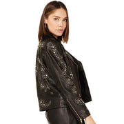 Women Studded Leather Moto Jacket in Black