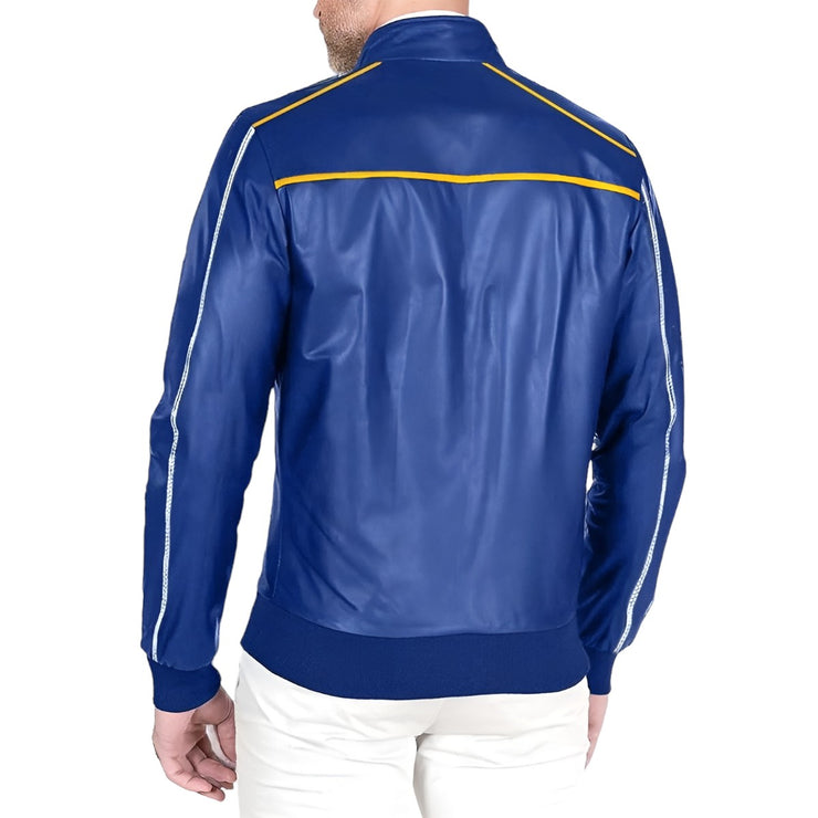 Ryan Gosling Chase for Carrera Jacket, Men's Blue Leather Jacket, Popular Movie Jacket, Bomber Jacket
