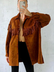 Women's Cowgirl Vintage Fringed Suede Leather Jacket, Beige Suede Leather Jacket, Western Style Jacket