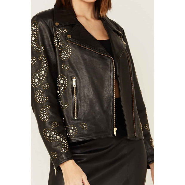 Women Studded Leather Moto Jacket in Black
