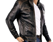 Distressed Black Leather Jacket, Authentic Lambskin Outerwear for Men