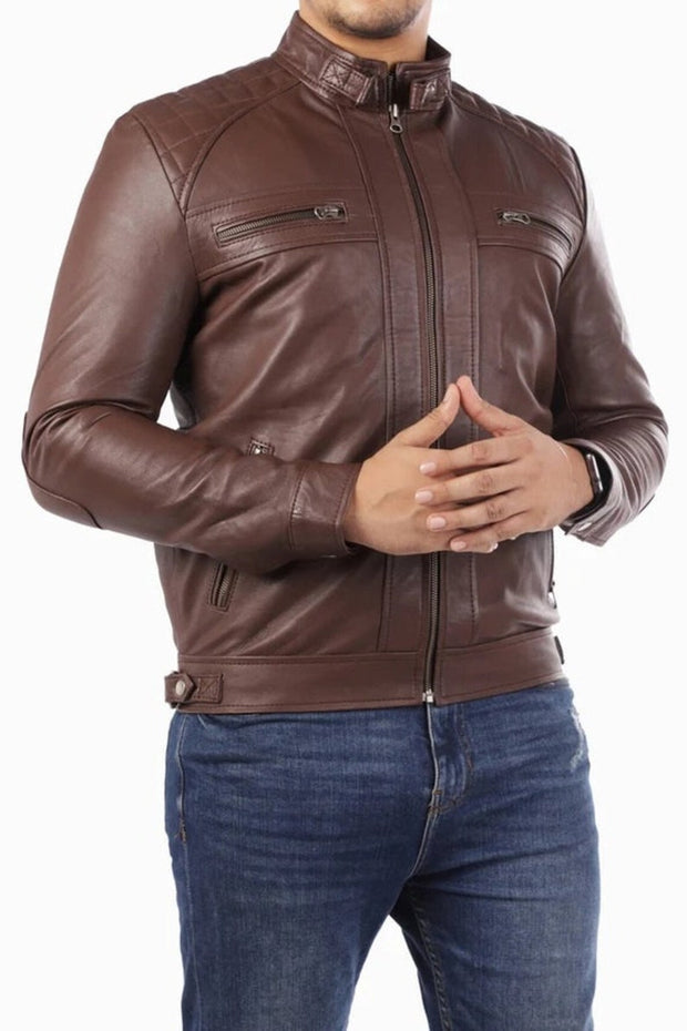 Men's Handmade Dark Brown Leather Biker Jacket | Slim Fit Cafe Racer with Stand Collar | Motorcycle Fashion