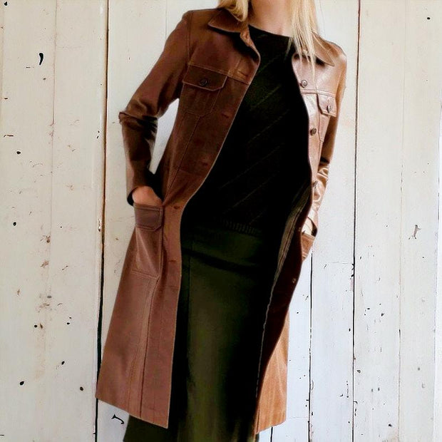 Women Brown Leather Trench Coat, Ladies Vintage Long Leather Coat, Biker Women's Overcoat, Gift For Her