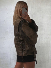 Women's Vintage Bomber Jacket, Oversized Leather Jacket, Handmade Soft Material, Ladies Real Leather Jacket