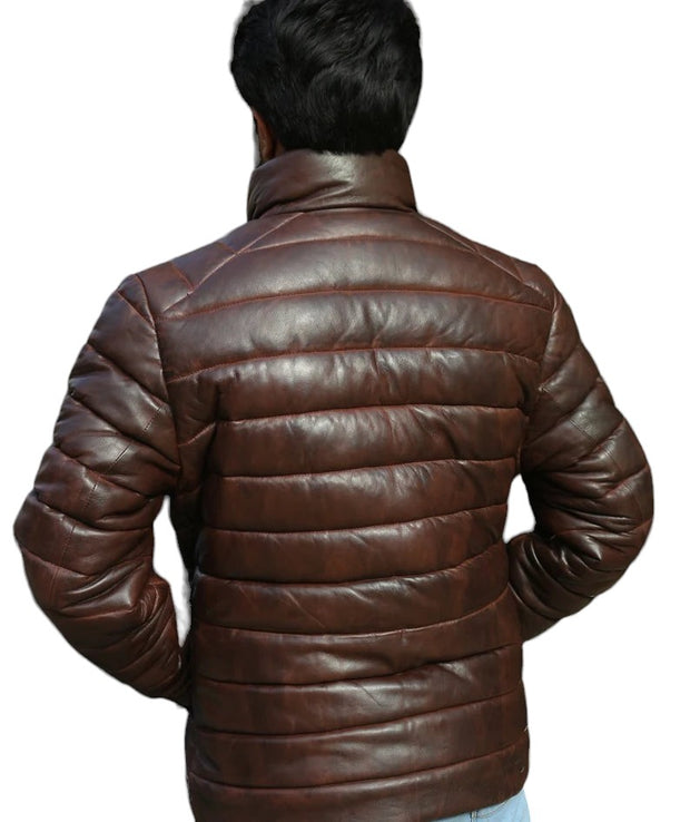 Brown Leather puffer jacket real lambskin down jacket for men's gift for him