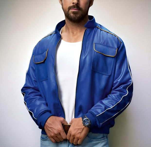 Ryan Gosling Chase for Carrera Jacket, Men's Blue Leather Jacket, Popular Movie Jacket, Bomber Jacket