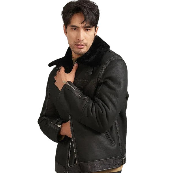Men's Black Shearling Flight Jacket - Leather Coat