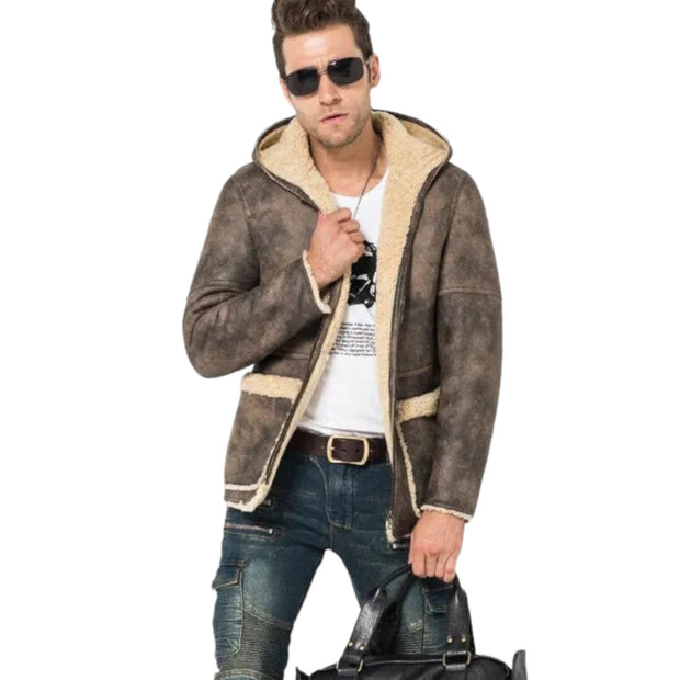 Men's Gray Shearling Hooded Long Fur Coat - Flight Jacket