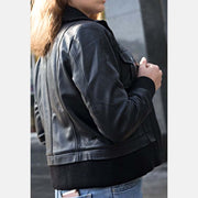 Women’s Black Leather Collared Bomber Jacket