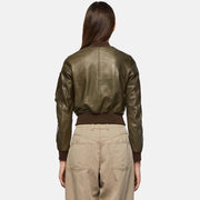 Women’s Green Leather Bomber Jacket With Arm Pocket