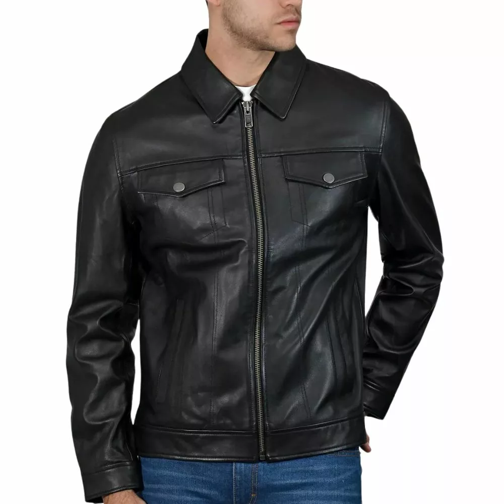 Brian Classic Collar Jacket Black Leather Men’s