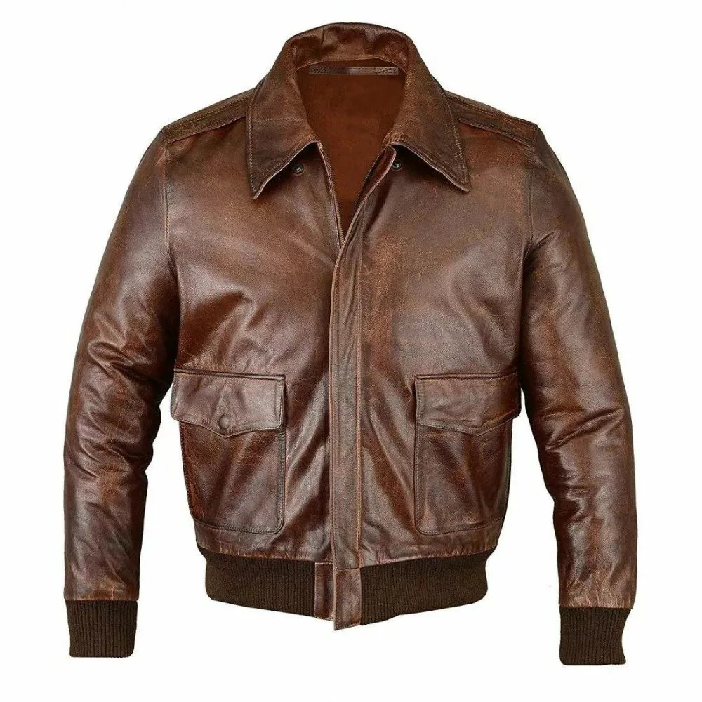 Classic Mens Flying RAF Aviator Brown Leather Biker Jacket