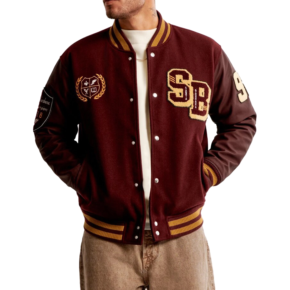 James Burgundy Letterman Bomber Jacket