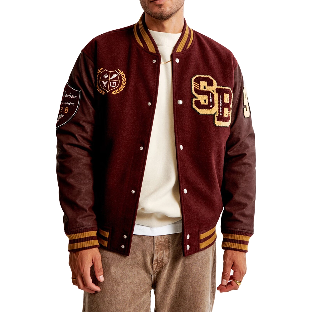 James Burgundy Letterman Bomber Jacket