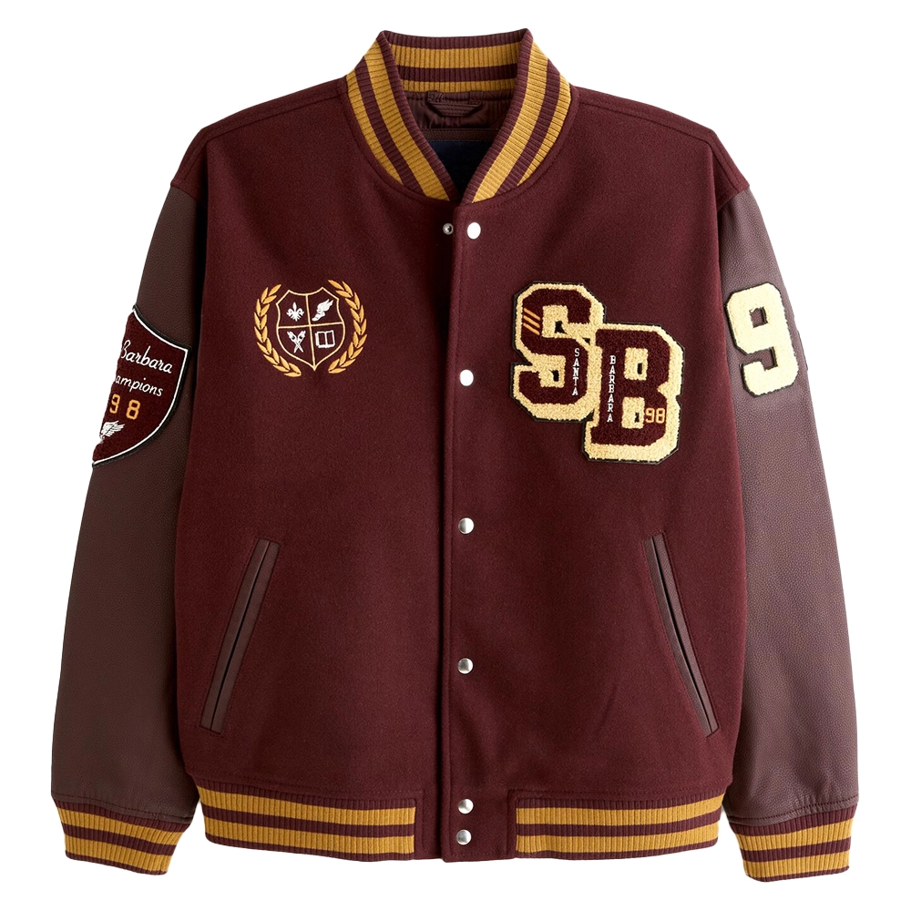 James Burgundy Letterman Bomber Jacket