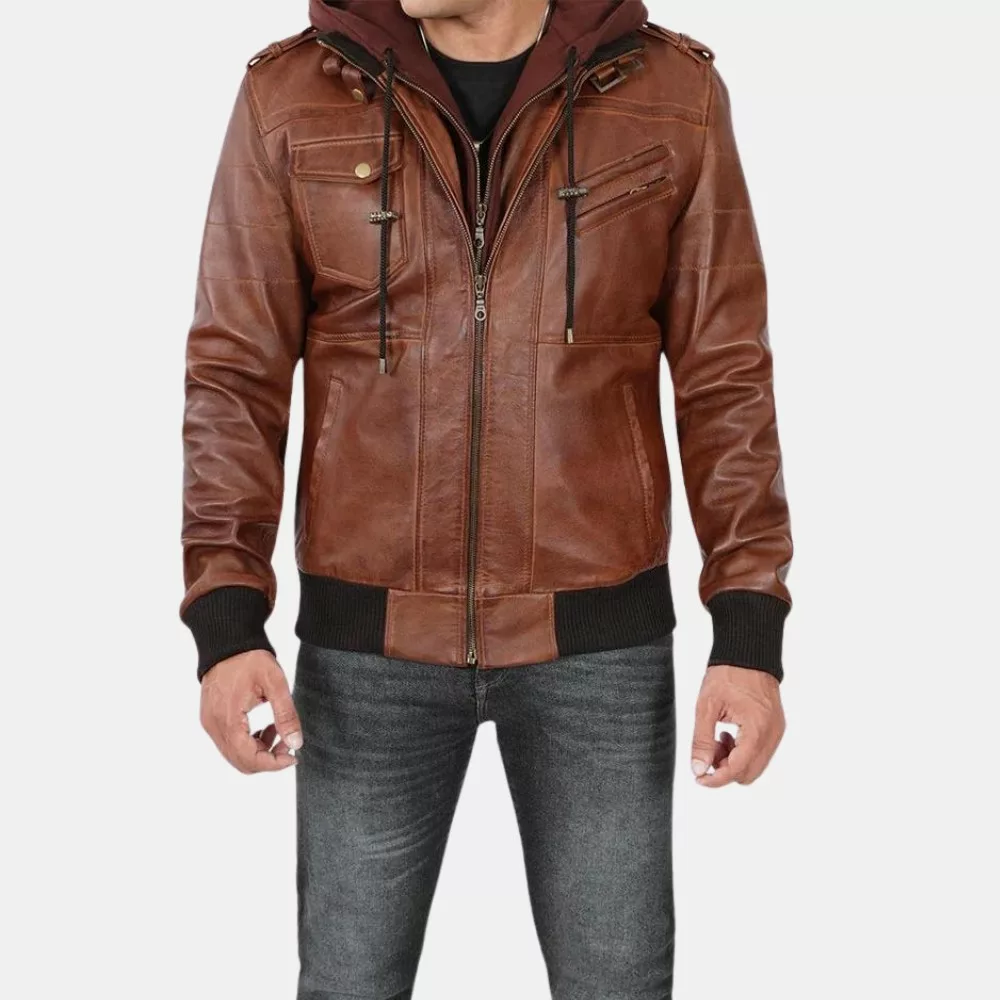 Men’s Brown Leather Bomber Jacket With Removable Hood