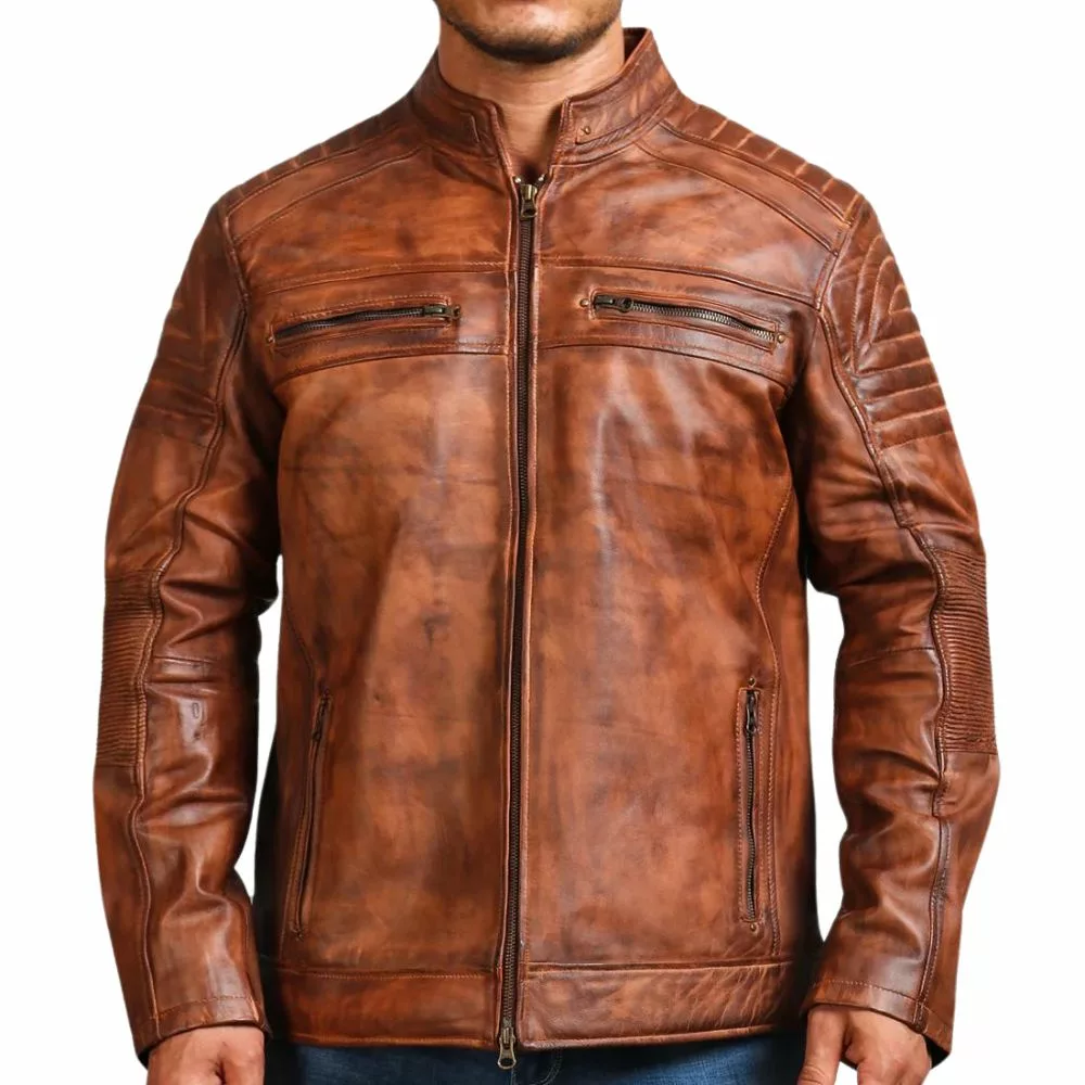 Mens Vintage Cafe Racer Distressed Brown Motorcycle Leather Jacket