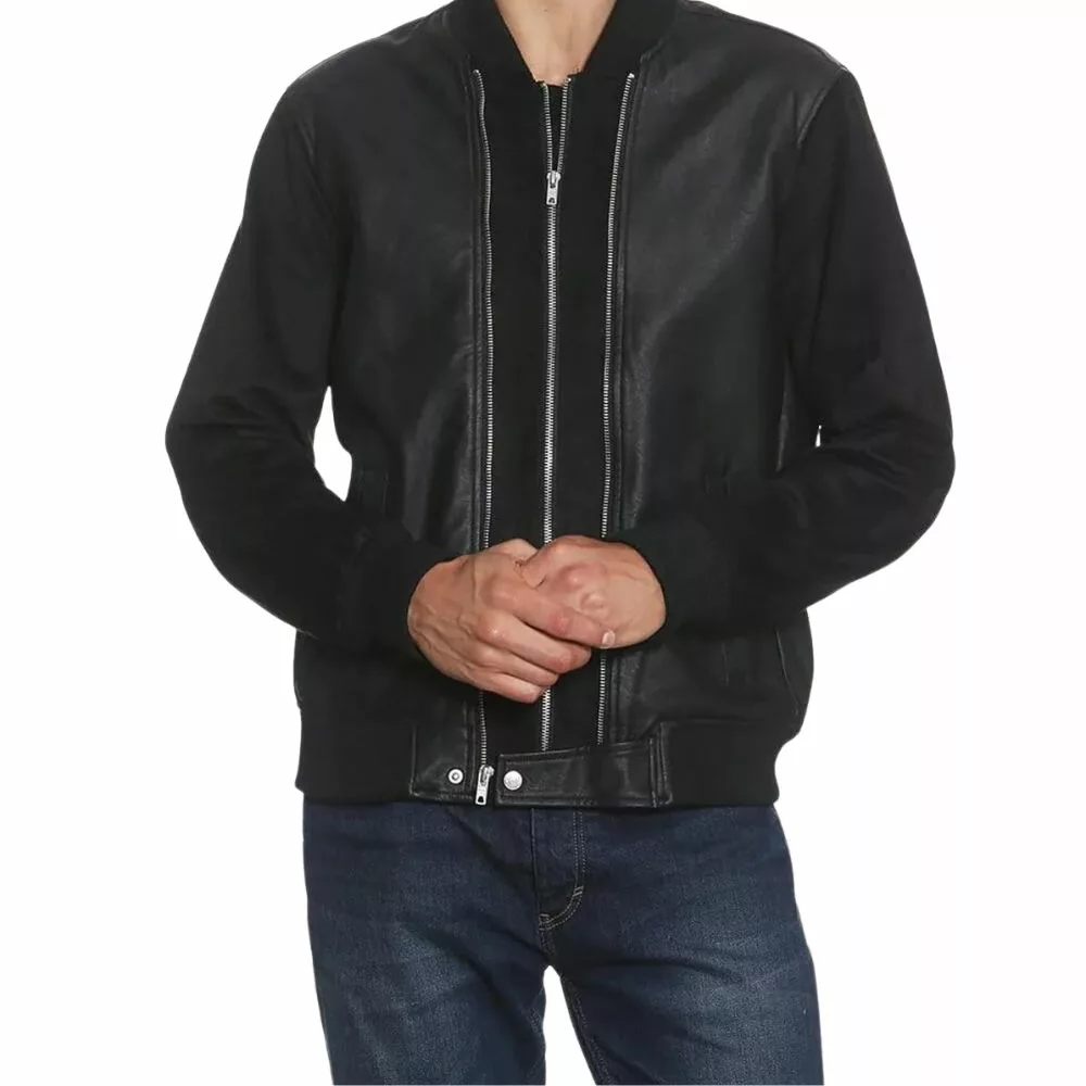 Uptown Genuine Leather Bomber Jacket Black for Men