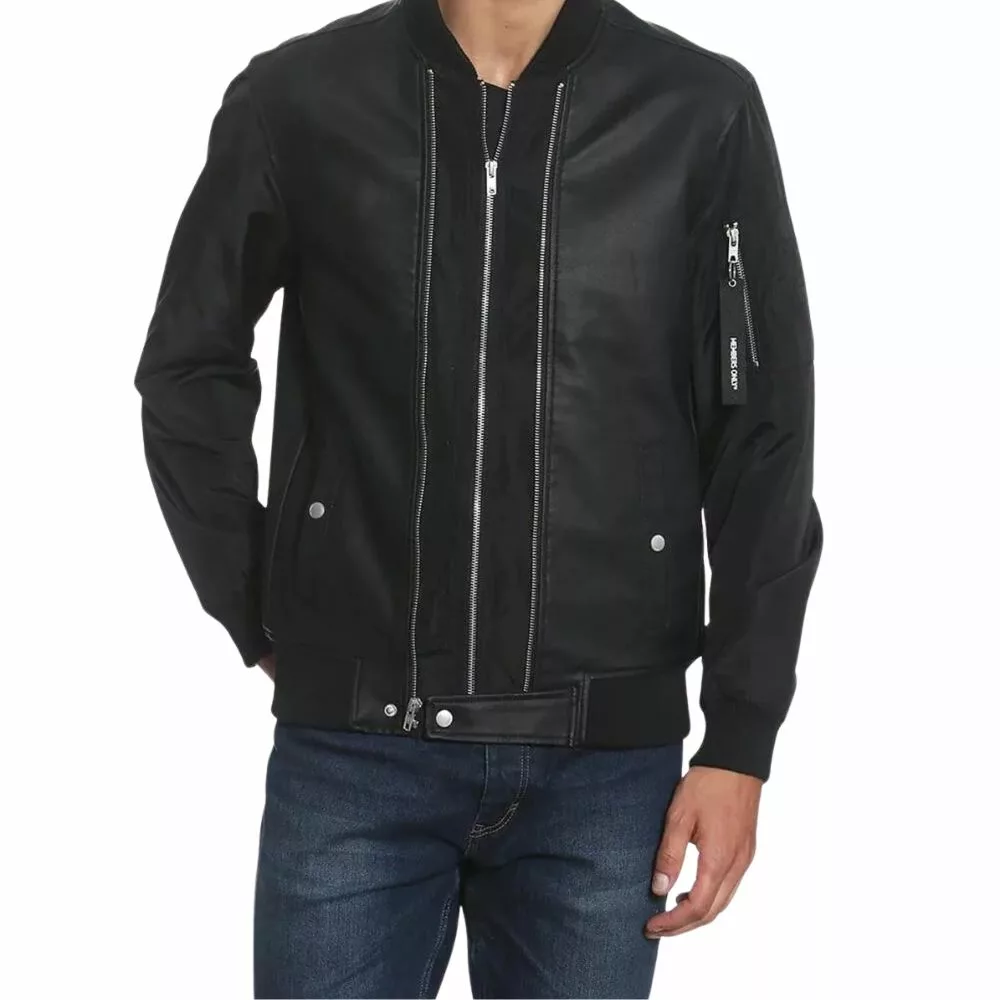 Uptown Genuine Leather Bomber Jacket Black for Men