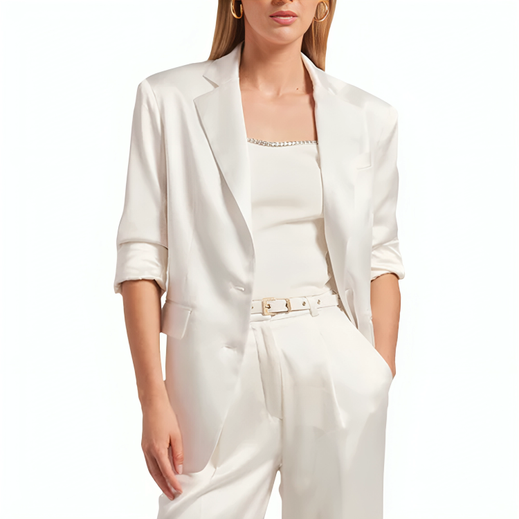 Womens Two Buttoned White Satin Blazer